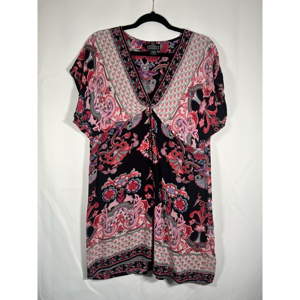 Angie Babydoll Tunic Cap Sleeve Floral Print Dress Size M Boho Hippie Festival